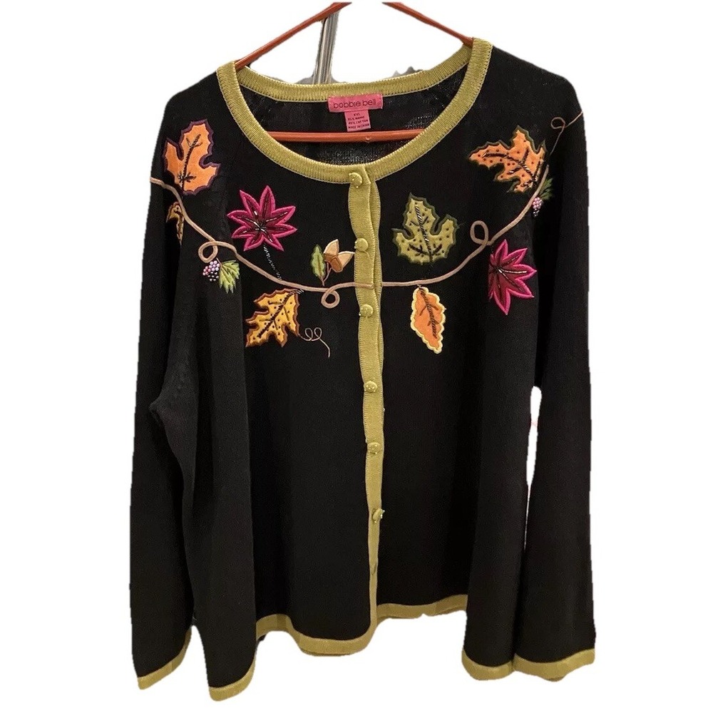 Bobbie Bell Sweater Womens 2XL Cardigan Black Leaf Print Embroidered Beaded Leaf